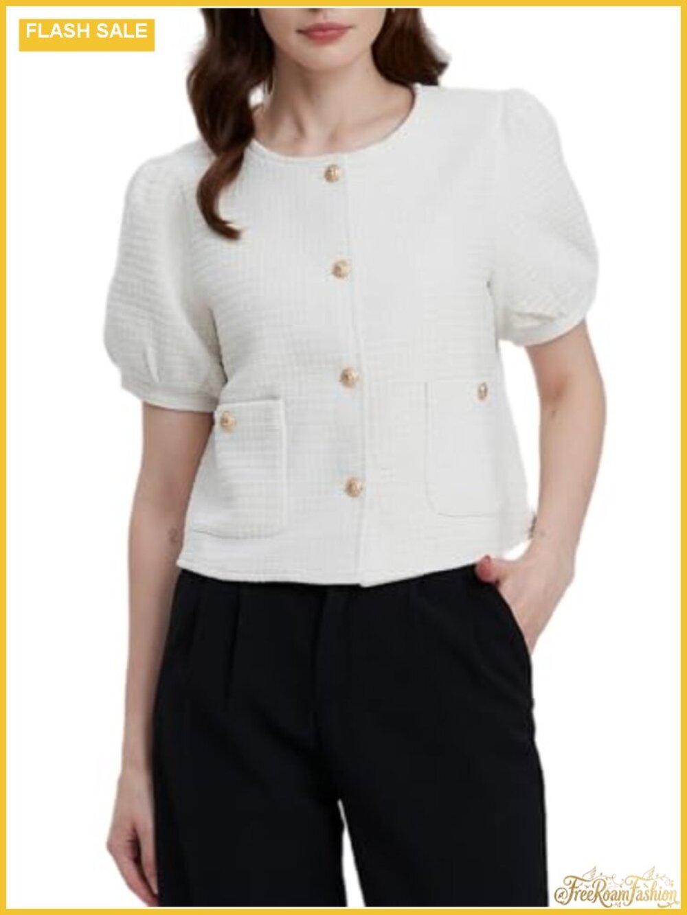 Tweed Cropped Blazer Short Puff Sleeve Collarless Work Suit Jacket